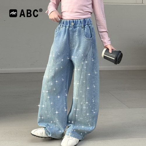 ABC女童春秋牛仔裤2026新款中大童烫钻韩系阔腿裤女孩百搭弯刀裤 - 图1