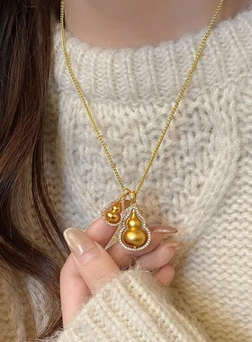 真金电镀锆石镂空双葫芦项链国潮高级感锁骨链古风个性新中式项饰