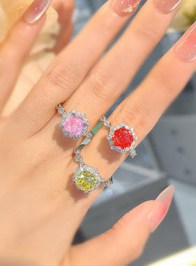 时尚轻奢八角玫瑰切粉钻戒指小众设计感简约百搭高碳钻黄锆石女戒