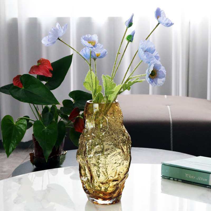 创意原色玻璃花瓶浮雕不规则水培插花客厅餐桌琥珀色灰色家居摆件,淘宝优惠券,粉丝福利购,淘宝优惠卷