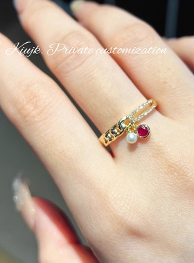 s925纯银戒指女ins风镀18K金链条