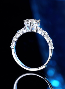 s925纯银正品莫桑石竹节六爪戒指女经典一克拉戒活口指环直播