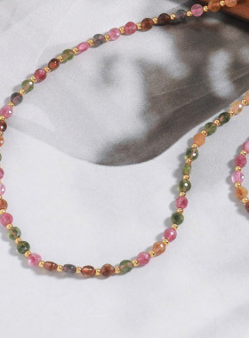 新款多巴胺彩色天然碧玺串珠项链新中式小众个性气质锁骨链高级
