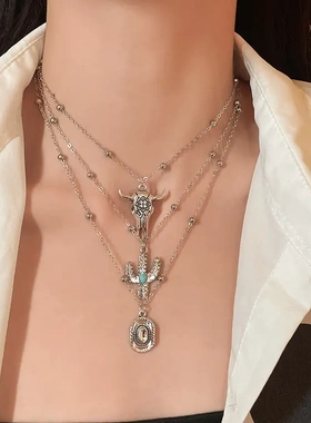 牛头帽子仙人掌吊坠三件套项链个性时尚锁骨链项链小众高级感