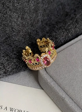 中古风蕾丝彩宝锆石开口戒轻奢百搭高级感食指戒精致小众指环