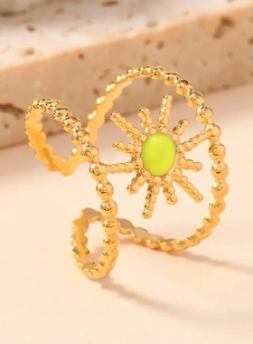 欧美不锈钢戒指小众设计双线太阳滴油开口可调节戒指钛钢饰品