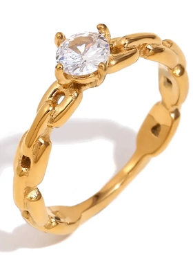 欧美ins时尚气质小众复古设计款手饰不锈钢镀18k金链条戒指女