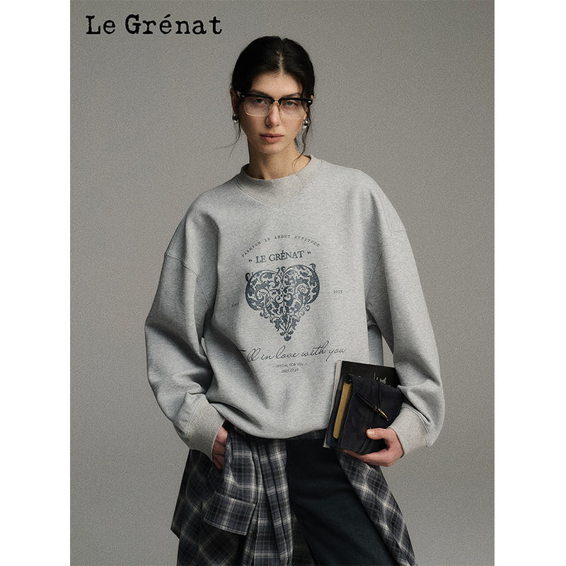 Le Grenat美式复古印花字母休闲圆领卫衣 - 图0