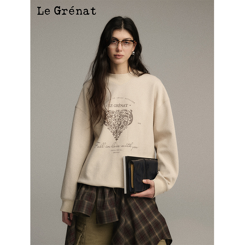 Le Grenat美式复古印花字母休闲圆领卫衣 - 图1