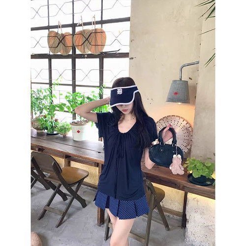MosesQueen魔西女王褶皱系带U领短袖t恤夏季薄款宽松休闲收腰上衣 - 图0