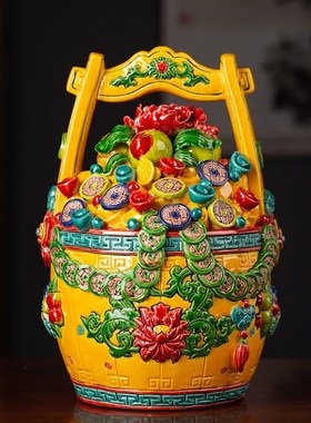 《一统财富》交趾陶双面s刻字一桶金摆件招聚水桶财家用客厅聚宝