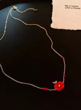 新年红色滴油纽扣串珠项链甜级感锁骨链心高级感项饰