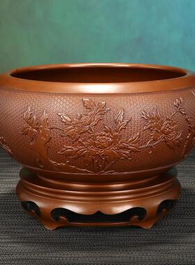 铜欣祥紫铜双凤钵铜聚宝盆家居玄关办公室商务礼品摆件