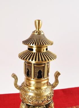 宏达 全黄铜二龙戏珠三层塔炉佛像供奉熏香炉大型铜炉摆件