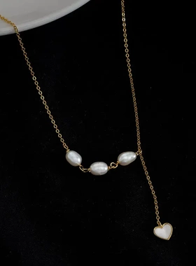 s925纯银珍珠项链女白贝母桃心可调节流苏法式复古锁骨链潮