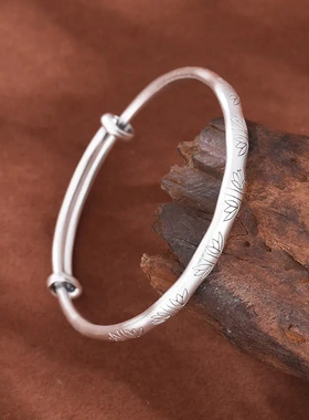 银手镯999纯银实心足银素圈竹节繁花似锦妈妈款银镯子母亲节礼物