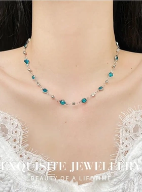 双层叠戴蓝色锆石项链轻奢高级感锁骨链小众百搭辣妹颈链饰品
