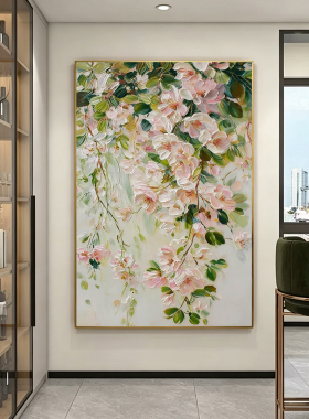手绘油画垂枝粉花玄关墙面装饰画