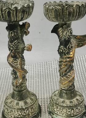 仿古龙凤烛台摆件古玩杂项龙凤呈祥烛台一对家居装饰古董工艺品