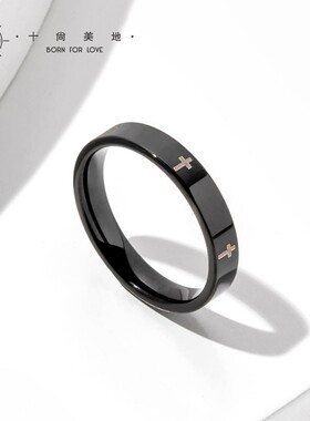 预备 钛钢十字架戒指男女潮款单身时尚尾戒复古黑色指环食指戒子