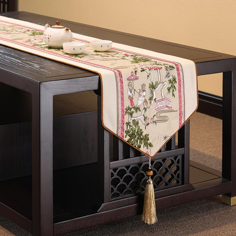 新中式桌旗禅意茶席茶台布艺长条茶几桌布茶桌电视柜垫布红色床旗 - 图1