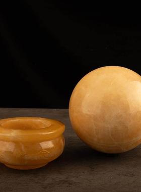 天然黄玉水晶球摆件原矿打磨改善厨房西北角聚宝盆底座财位风水球