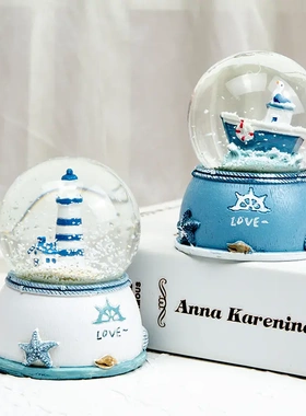 新款地中海风情灯塔水晶球小号发光玻璃球卡通水球树脂摆件礼品