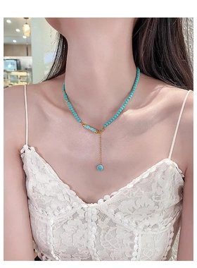 新中式蓝色串珠锁骨链女新款串珠小众设计复古藏式民族风百搭