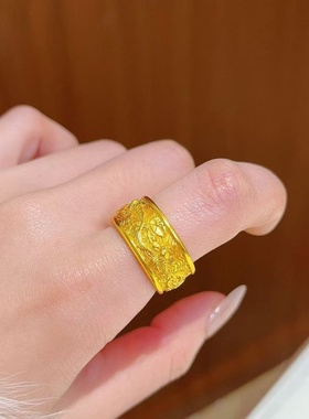 卡纯诗轻奢古法篆刻锦鲤戏莲开口戒指女可调节仿黄金色指环高端