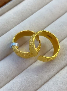 卡纯诗轻奢古法篆刻牡丹花开口戒指女可调节仿黄金色指环高端雕花