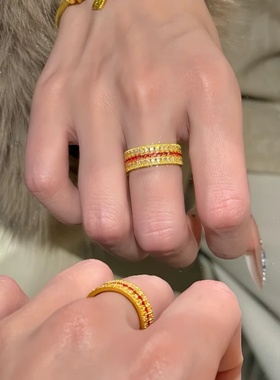 卡纯诗轻奢女仿黄金色满天星三排指环高端沙金复古式气质简约戒指