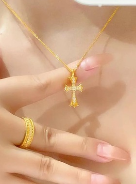 金店同款沙金仿真金十字架项链女新款轻奢小众高级感锁骨链送女友