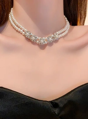 巴珍珠镶钻花朵双层项链法式时尚锁骨链轻奢小众气质项饰