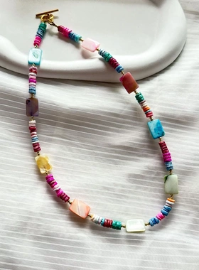 2024彩色女民族风锁骨链双层叠戴手工编织串珠夸张小众潮串珠项链