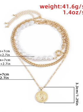 欧美饰品 气质仿珍珠链条拼接项饰 复古嘻哈女王头像吊坠项链