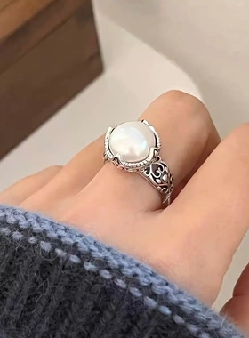 新款重工复古泰银大珍珠女王戒指女开口指环气质