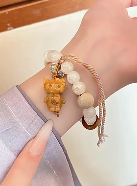 复古爆花琉璃串珠平安锁小猫手链时尚百搭手串新中式甜美气质手饰