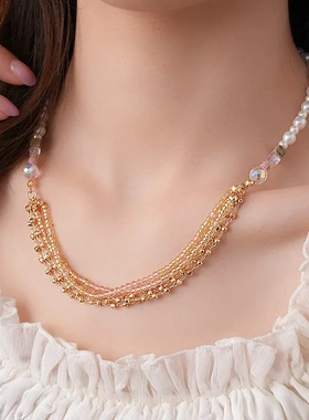 波西米亚米珠水晶珍珠项链轻奢高级感锁骨链度假风时尚项饰女