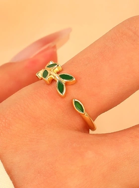 时尚清新橄榄枝树叶戒指女ins风森系开口食指戒小巧绿叶指环