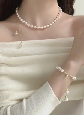 法式抽拉珍珠项链女高级感轻奢小众设计可调节锁骨链精致气质项链