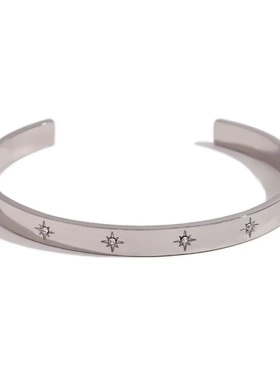 欧美热卖复古百搭简约手饰不锈钢镀18k金开口八芒星锆石手镯