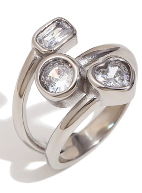 欧美时尚气质个性小众设计手饰不锈钢镀18k金多层几何锆石戒指女