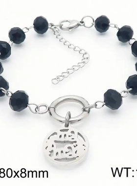 复古黑色水晶圆形字母m吊坠钛钢手链母亲节礼物