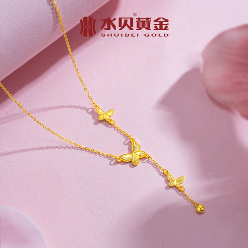 水贝黄金官方旗舰店足金999漫天蝶舞套链三蝴蝶项链送女友礼物 - 图1
