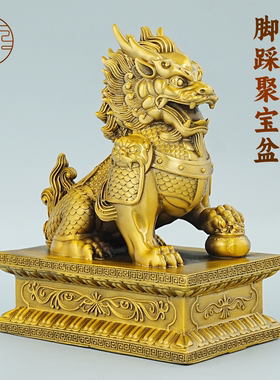 黄铜财福麒麟摆件公母一对玄关装饰品中式传统工艺品家居开业摆设