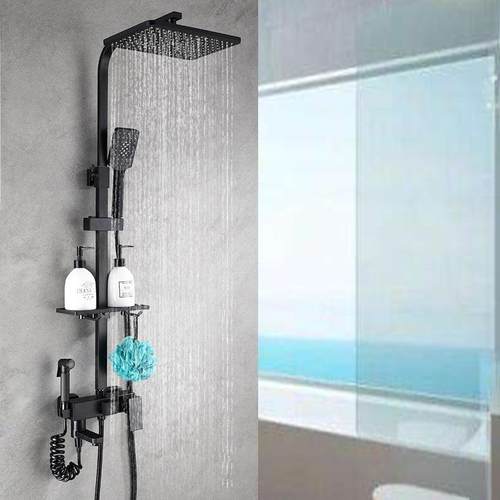 黑砂色阀四档花OGK洒套装铜增体混水 磨哑光黑漆自洁压方管淋浴花 - 图0