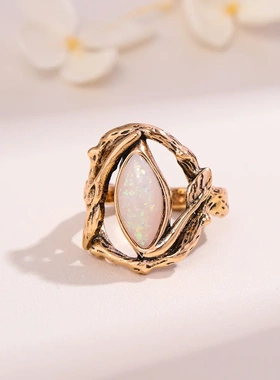 欧意复古金色树叶镶宝石戒指女ins风高级感个性不掉色食指戒