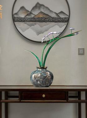 铜金岁月空谷幽兰花黄铜摆件客厅玄关博古架彩铜花瓶兰花艺铜摆件