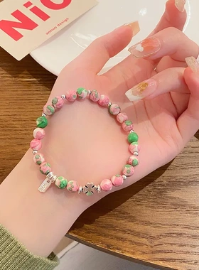 甜美天然雨花石手链女不掉色小清新可爱设计款寿山石彩色石头手串