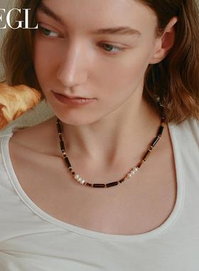 ZEGL虎眼石项链女款2024新款美拉德风双层叠带锁骨链秋冬毛衣配饰